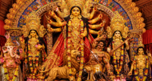 Elaborately decorated Goddess Durga idol in a Kolkata Pandal
