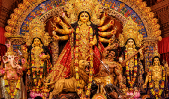 Elaborately decorated Goddess Durga idol in a Kolkata Pandal