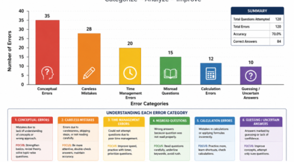 A detailed bar graph illustrating how to categorize and analyze errors in practice mock tests.