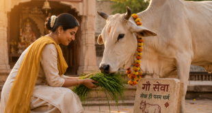 Devotee feeding a cow with fresh green grass symbolizing Gau Seva.