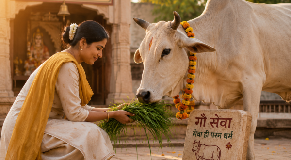 Devotee feeding a cow with fresh green grass symbolizing Gau Seva.