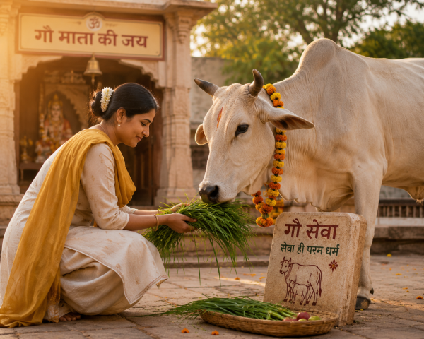 Devotee feeding a cow with fresh green grass symbolizing Gau Seva.