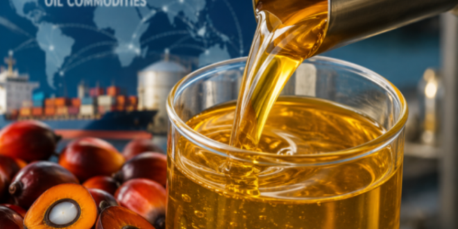 A close-up of a golden palm oil stream flowing into a clear container, representing global vegetable oil commodities trading.