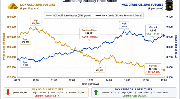 Labeled line chart showing the contrasting intraday price action of MCX Gold dropping vs MCX Crude Oil rising.