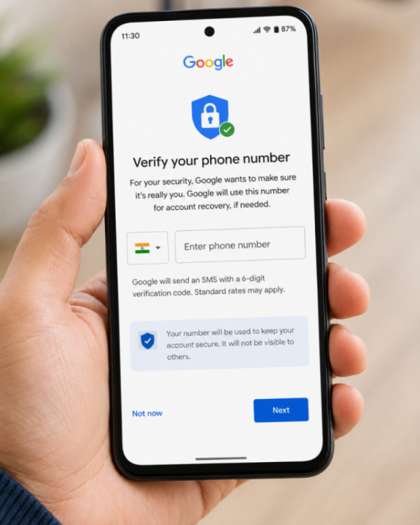 A smartphone displaying a Google security verification page prompting a user to input a phone number for account recovery.