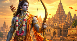 Lord Rama holding a bow, symbolizing strength and righteousness, set against a backdrop of Ayodhya.