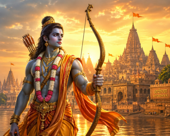 Lord Rama holding a bow, symbolizing strength and righteousness, set against a backdrop of Ayodhya.