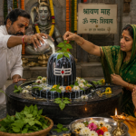 Devotees offering milk and Bel Patra to a Shiva Lingam during Shravan.
