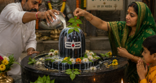 Devotees offering milk and Bel Patra to a Shiva Lingam during Shravan.