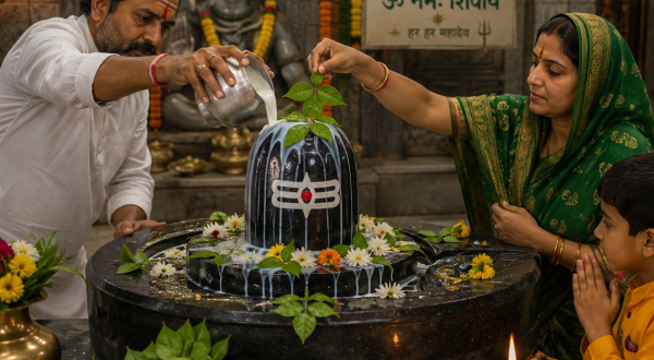 Devotees offering milk and Bel Patra to a Shiva Lingam during Shravan.