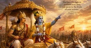 Illustration of Krishna as a Charioteer guiding Arjuna on the battlefield of Kurukshetra, symbolizing mentorship and strategic guidance.