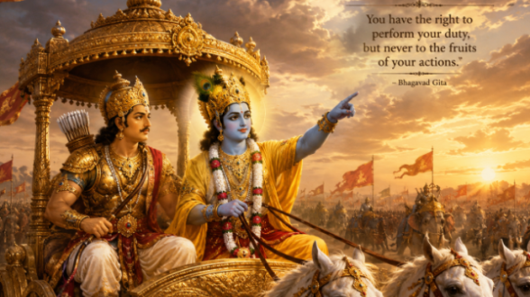 Illustration of Krishna as a Charioteer guiding Arjuna on the battlefield of Kurukshetra, symbolizing mentorship and strategic guidance.