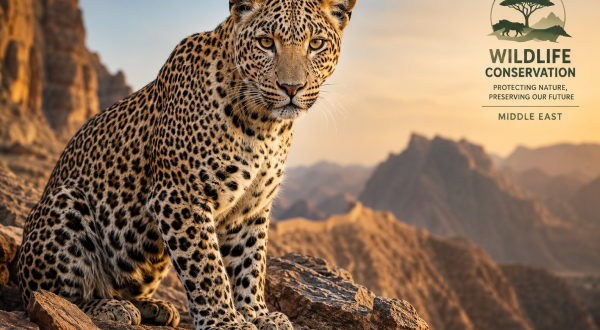 Close-up of an Arabian leopard sitting majestically on a rocky outcrop, highlighting wildlife conservation efforts in the Middle East.