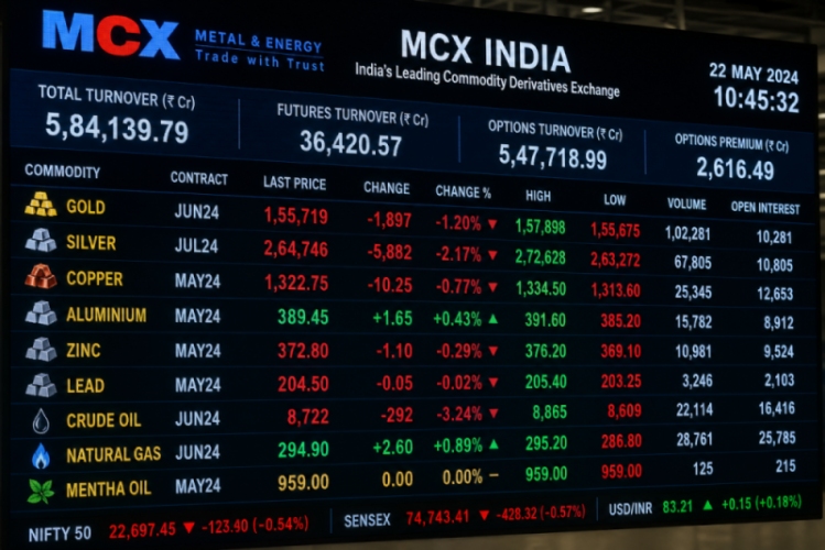 A real-time digital stock market display board showing flickering numbers, representing volatile commodity derivatives trading at MCX India.