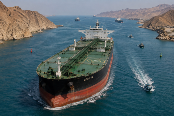 Large commercial crude oil tanker navigating through narrow international shipping lanes.