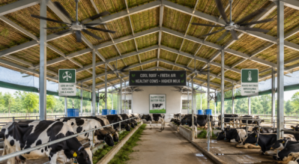 A well-ventilated, modern dairy barn featuring elevated grass-insulated roofing and active industrial ceiling fans keeping cows cool during summer.