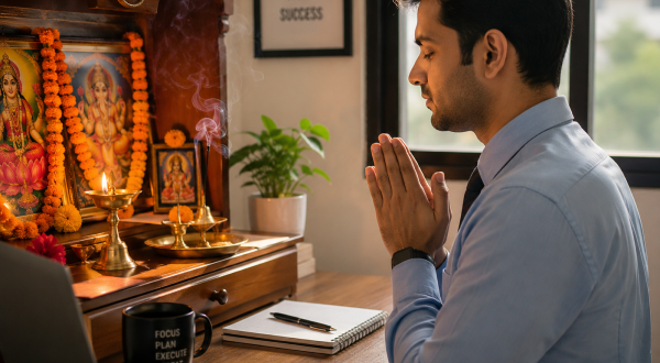 Busy Indian professional performing a simple Hindu morning ritual with diya, incense, and prayer before starting work.