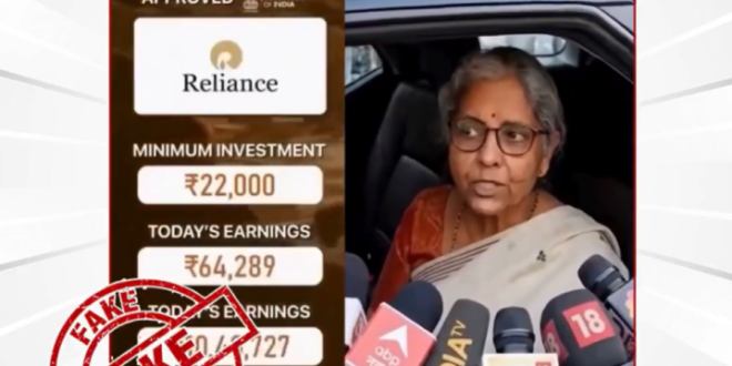 Graphic warning highlighting a deepfake video of India Finance Minister Nirmala Sitharaman used in a fraudulent online investment ad.