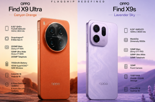 A side-by-side promotional shot displaying the OPPO Find X9 Ultra in Canyon Orange and the Find X9s in Lavender Sky.