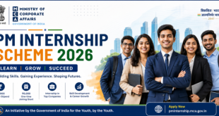 Official banner of the PM Internship Scheme 2026 featuring the Ministry of Corporate Affairs logo and a group of diverse Indian youth in professional attire.