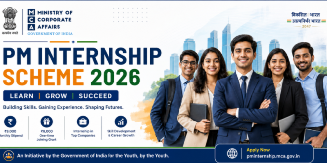 Official banner of the PM Internship Scheme 2026 featuring the Ministry of Corporate Affairs logo and a group of diverse Indian youth in professional attire.
