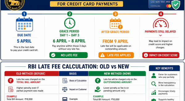 Infographic showing RBI 3-day grace period timeline for credit card payments" and "Comparison chart of old vs new RBI late fee calculation methods.