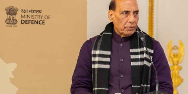 India's Defence Minister Rajnath Singh speaking at an official government event.