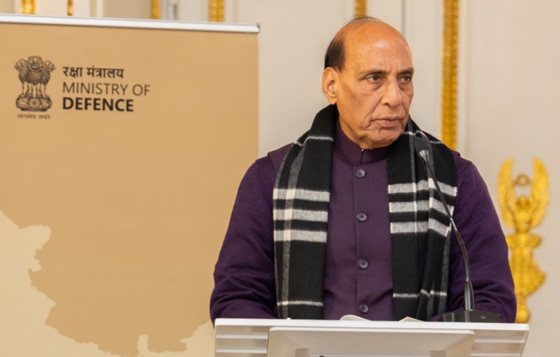 India's Defence Minister Rajnath Singh speaking at an official government event.