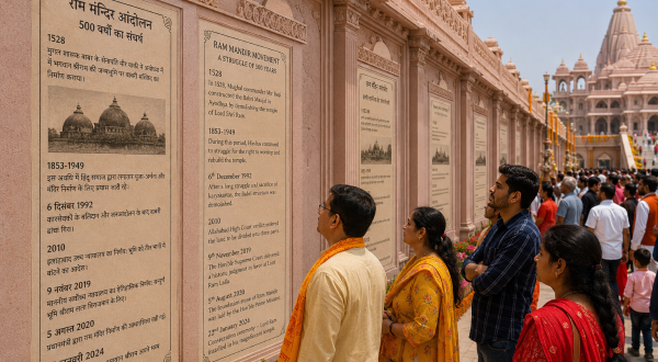 Devotees reading history plaques on the darshan route.