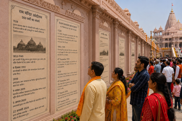 Devotees reading history plaques on the darshan route.
