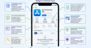 Labeled diagram of a modern smartphone showing automated secure payment verification and encrypted App Store security badges to prevent fraud.