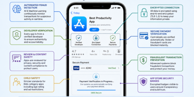 Labeled diagram of a modern smartphone showing automated secure payment verification and encrypted App Store security badges to prevent fraud.