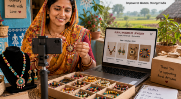 Rural Indian woman selling handmade jewelry online 2026