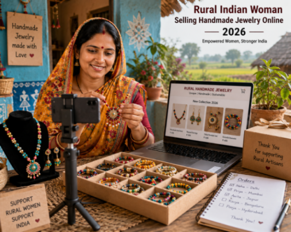 Rural Indian woman selling handmade jewelry online 2026