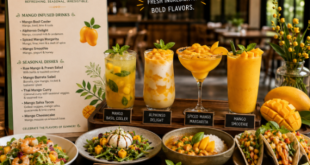 A beautifully curated summer special menu featuring innovative mango-infused drinks and seasonal dishes served in a contemporary restaurant setting.
