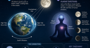 Diagram showing the moon's gravitational pull on Earth's water and its symbolic link to human emotions.