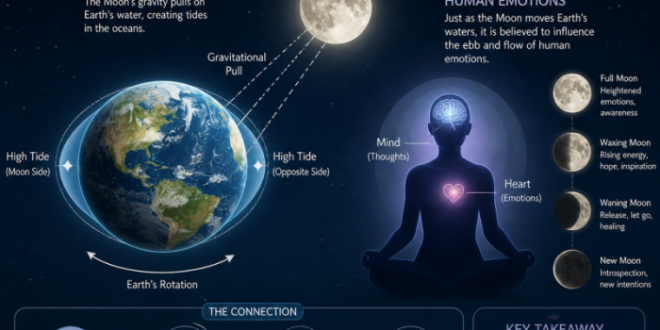 Diagram showing the moon's gravitational pull on Earth's water and its symbolic link to human emotions.