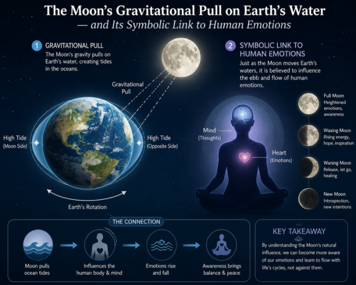 Diagram showing the moon's gravitational pull on Earth's water and its symbolic link to human emotions.