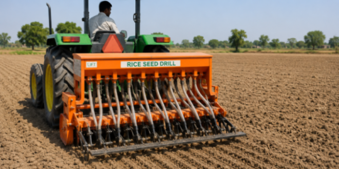 A tractor-mounted seed drill sowing rice seeds directly into a dry field.