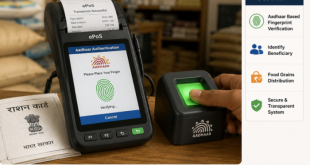 ePoS machine with fingerprint scanner for Aadhaar verification in fair price shop.
