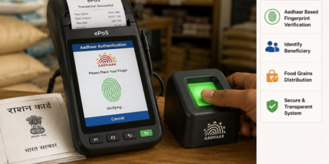 ePoS machine with fingerprint scanner for Aadhaar verification in fair price shop.