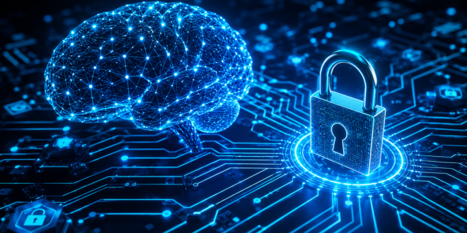 An abstract digital concept of a glowing blue human brain mesh integrated with glowing circuit board pathways and a prominent padlock icon, symbolizing secure AI implementation and data encryption.