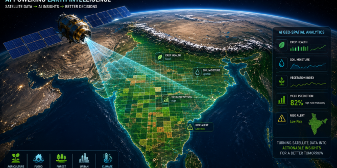 A stylized digital rendering of an earth observation satellite orbiting India, projecting a grid mesh over agricultural land to symbolize AI geospatial analysis.