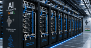 A high-density server rack row inside a modern AI data center in India utilizing advanced direct-to-chip liquid cooling systems for high-performance GPU clusters.