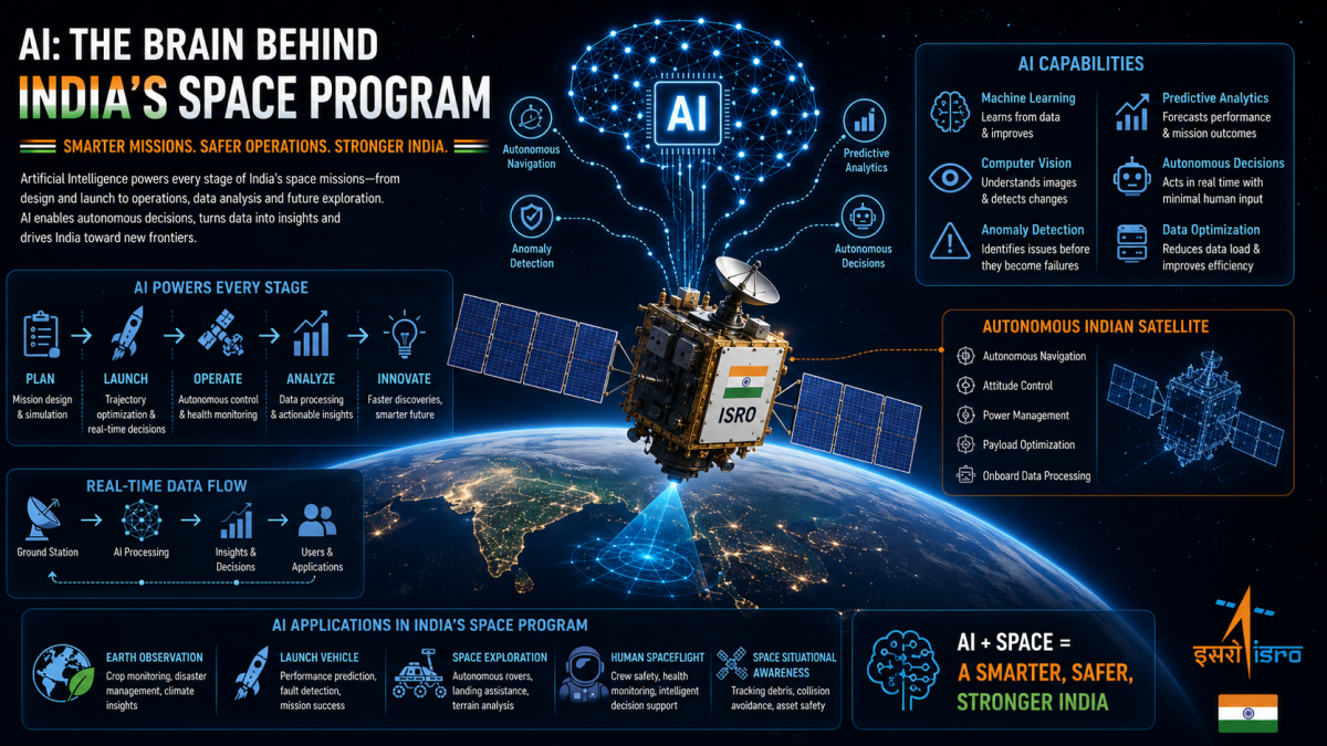 Infographic highlighting AI in India's space program, mapping out neural networks interacting with an autonomous Indian satellite orbiting Earth.