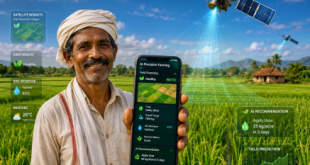 A smallholder Indian farmer holding a smartphone displaying an AI precision farming app in a vibrant green rice field under high-resolution satellite orbits.