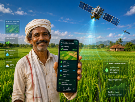 A smallholder Indian farmer holding a smartphone displaying an AI precision farming app in a vibrant green rice field under high-resolution satellite orbits.