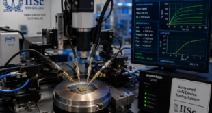 Automated semiconductor testing equipment and diagnostic probes measuring the electrical performance of a Gallium Nitride GaN microchip inside the new IISc Bengaluru laboratory.