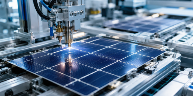 Close-up of industrial solar panel manufacturing illustrating the high industrial demand for silver.