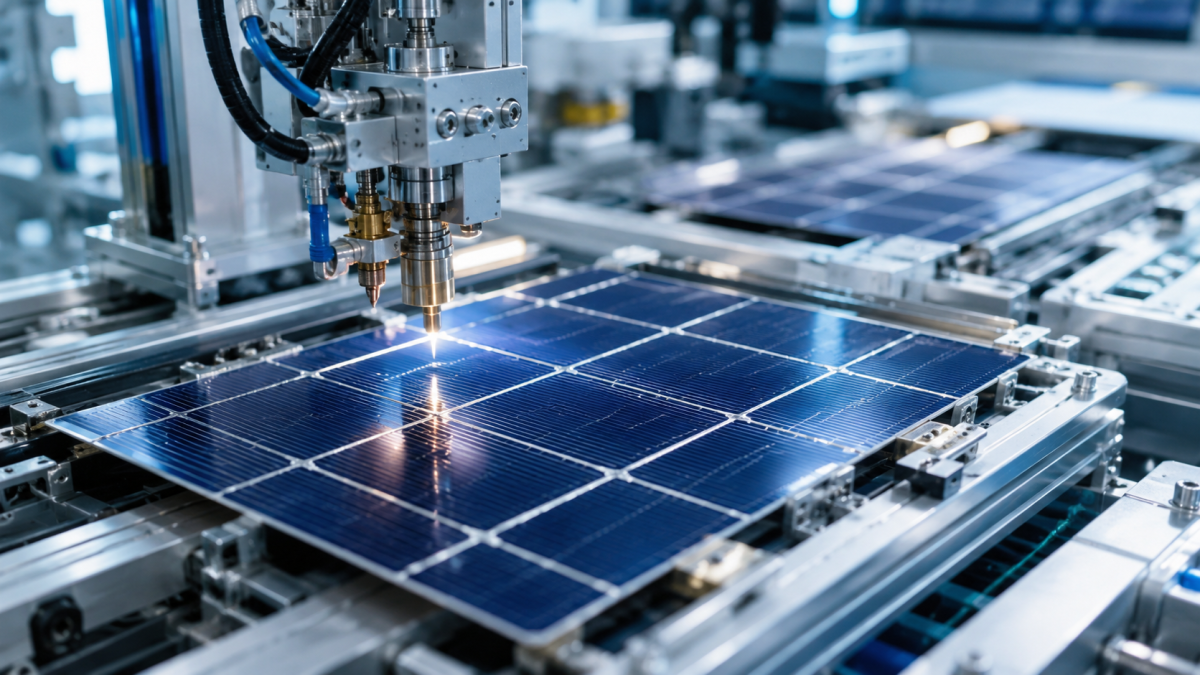 Close-up of industrial solar panel manufacturing illustrating the high industrial demand for silver.